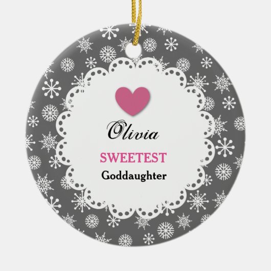 Sweetest Goddochter Silver White Snowflakes S18Z Keramisch Ornament (Voorkant)