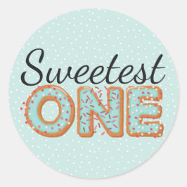 SWEETEST ONE Blue Iced Donuts Baby Eerste Verjaard Ronde Sticker