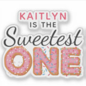 SWEETEST ONE Pink Donuts Verjaardag Naam Scrapbook Sticker (Voorkant)