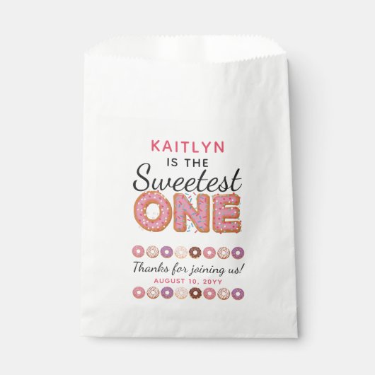 SWEETEST ONE Pink Iced Donuts Baby Eerste Verjaard Bedankzakje (Voorkant)