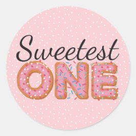 SWEETEST ONE Pink Iced Donuts Baby Eerste Verjaard Ronde Sticker
