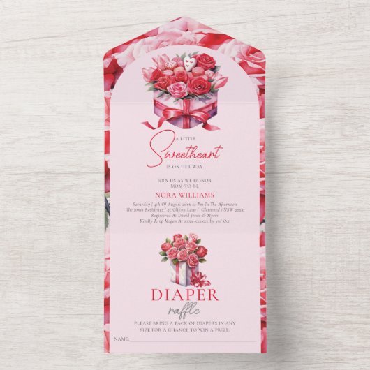 Sweetheart Bloemenboog Baby shower Luier Raffle All In One Uitnodiging (Binnen)