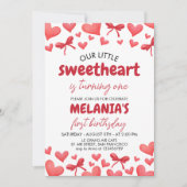 Sweetheart First Birthday Invitation with Hearts Kaart (Voorkant)