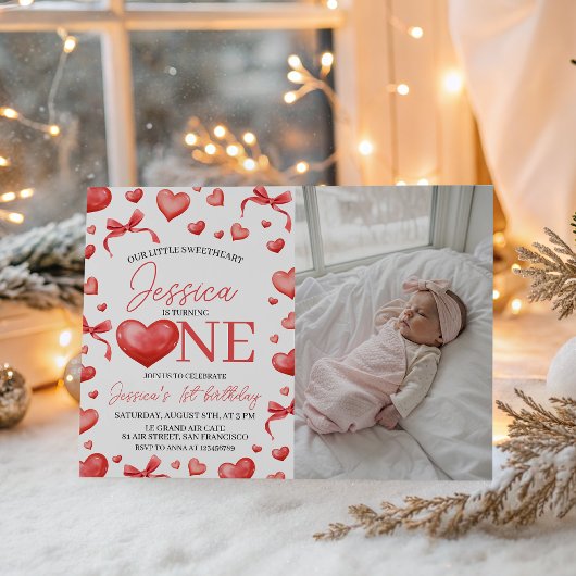 Sweetheart First Birthday Photo Invite Kaart