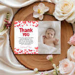 Sweetheart First Birthday Photo Thank You Card  Kaart<br><div class="desc">A sweetheart-themed first birthday thank you card with photo, featuring red hearts, bows, and classic typography. Perfect for thanking guests after a baby girl’s 1st birthday celebration, this printable thank you card includes space for a child’s photo and a heartfelt message. Ideal for heart-themed or Valentine-inspired birthdays, suitable for print...</div>
