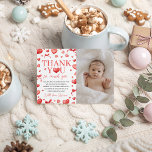 Sweetheart First Birthday Photo Thank You Kaart<br><div class="desc">A sweetheart-themed first birthday photo thank you card featuring red watercolor hearts,  bows,  and elegant modern typography paired with a customizable baby photo. Designed to express appreciation for celebrating the special day and for thoughtful gifts. Ideal for heart-themed,  girly,  or sweet first birthday parties.</div>