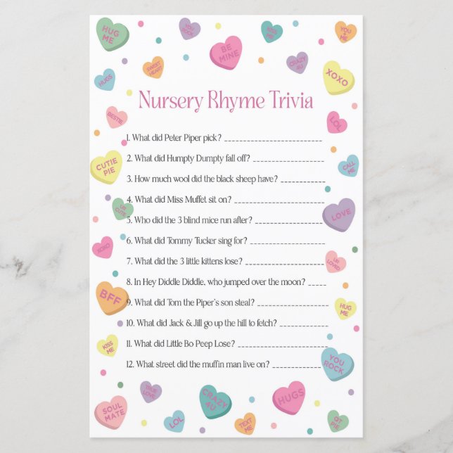 Sweetheart kinderkamer rijm trivia Baby shower spe (Voorkant)