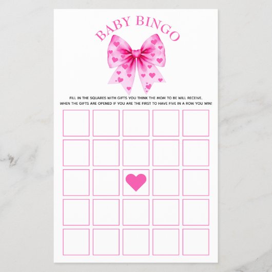 Sweetheart pink bow baby girl shower Bingo game Flyer (Voorkant)