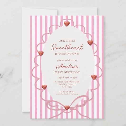 Sweetheart Pink Stripe First Birthday QR Code Kaart (Voorkant)