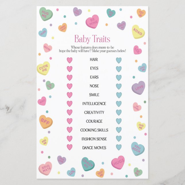 Sweetheart Snoep Baby Traits Baby shower Spel (Voorkant)