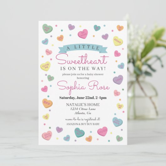 Sweetheart Snoep februari baby shower voor Meisje Kaart (Staand voorkant)