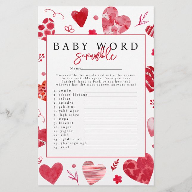 Sweetheart 'Word Scramble' Baby shower spel (Voorkant)