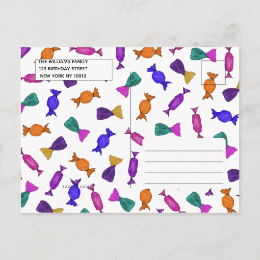 Sweetie Girly Kleurrijke Snoep Verjaardagsfeestje Uitnodiging Briefkaart (Achterkant)