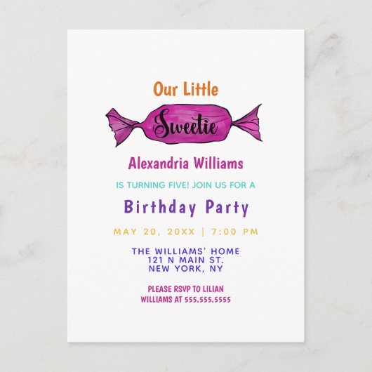 Sweetie Girly Kleurrijke Snoep Verjaardagsfeestje Uitnodiging Briefkaart (Voorkant)