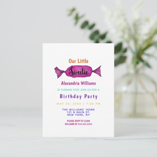 Sweetie Girly Kleurrijke Snoep Verjaardagsfeestje Uitnodiging Briefkaart (Staand voorkant)