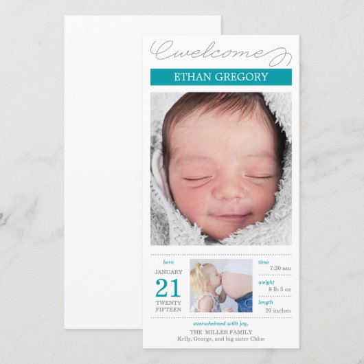 Sweetly Documented Baby Boy Birth Notice Aankondiging (Voorkant / Achterkant)