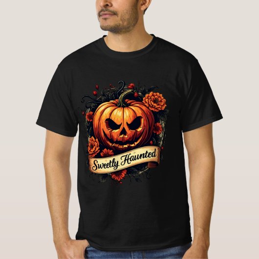 Sweetly Haunted Gothic Floral Pumpkin - Halloween T-shirt (Voorkant)