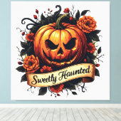 Sweetly Haunted  Pumpkin | Floral Halloween Canvas Afdruk (Insitu (Houten vloer))