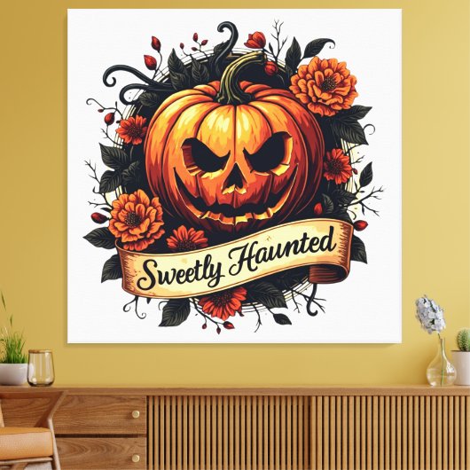 Sweetly Haunted  Pumpkin | Floral Halloween Canvas Afdruk (Insitu (Woonkamer))
