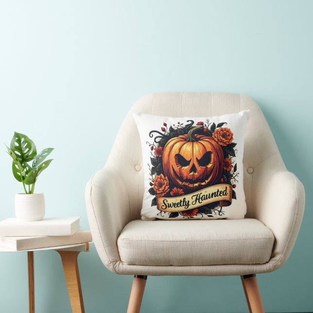 Sweetly Haunted  Pumpkin | Floral Halloween Kussen (Stoel)