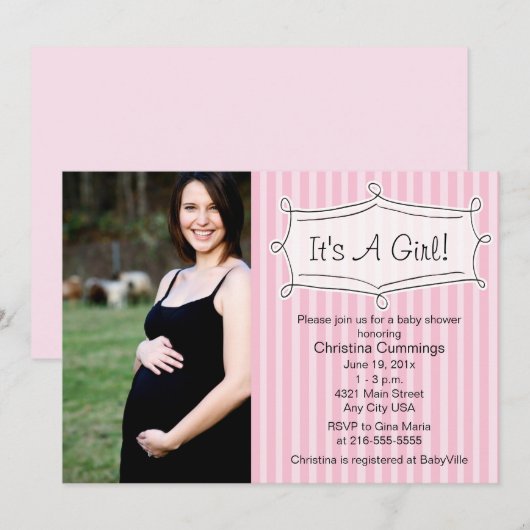 Sweetly Striped Baby shower Photo Invitation Kaart (Voorkant / Achterkant)