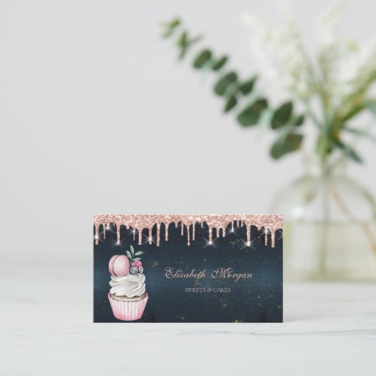 Sweets Cupcake Macaroon Roos Gold Drift donkerblau Visitekaartje (Staand voorkant)