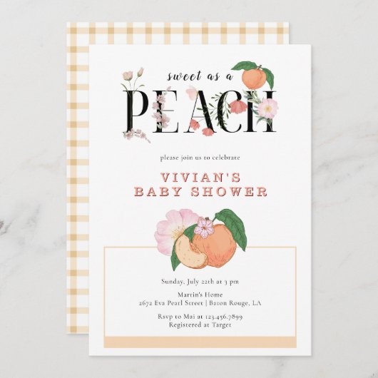 Sweety Little Peach & Floral Baby shower Kaart (Voorkant / Achterkant)