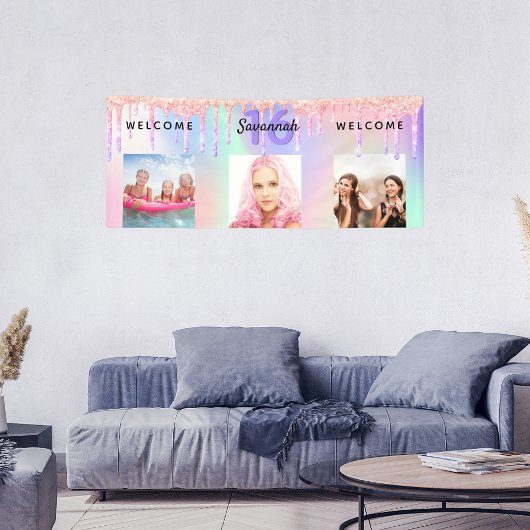 Swer 16 roze paarse glitter druppelt foto welkom spandoek