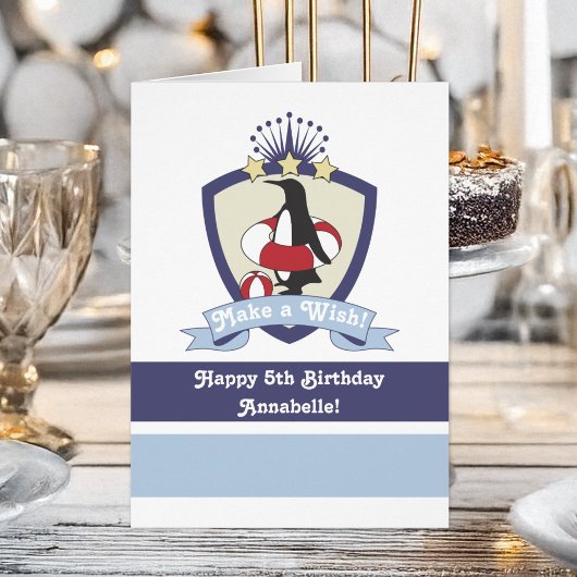 Swim Club Crest Cute Penguin Kids Birthday Kaart