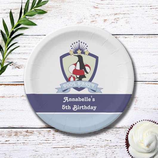 Swim Club Crest Penguin Kinder Pool Birthday Party Papieren Bordje