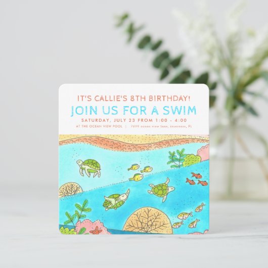 Swim Party Zee Turtles Summer Birthday Kaart (Staand voorkant)