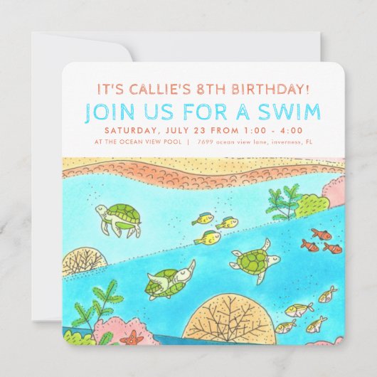 Swim Party Zee Turtles Summer Birthday Kaart (Voorkant)