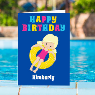 Swim Team Blonde Girl Cute Custom Happy Birthday Kaart