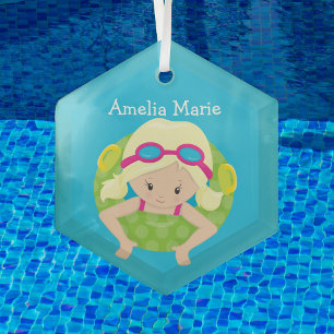 Swim Team Blonde Girl Cute Custom Kerstmis Glas Ornament