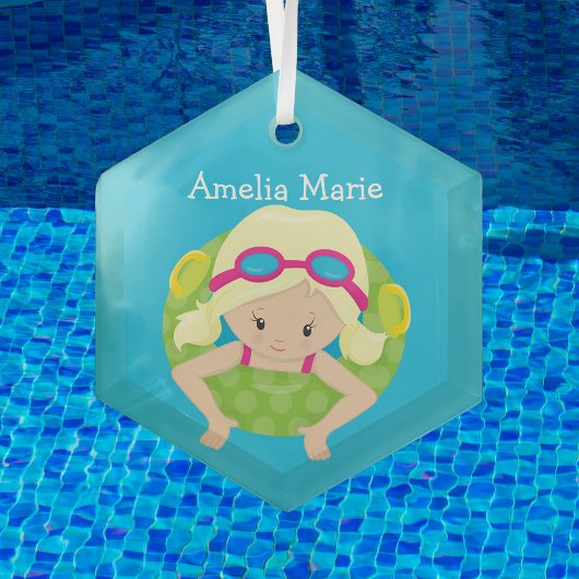 Swim Team Blonde Girl Cute Custom Kerstmis Glas Ornament