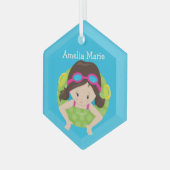 Swim Team Brunette Girl Cute Custom Kerstmis Glas Ornament (Voorkant links)