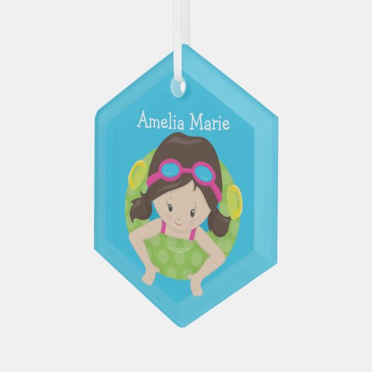 Swim Team Brunette Girl Cute Custom Kerstmis Glas Ornament (Voorkant links)