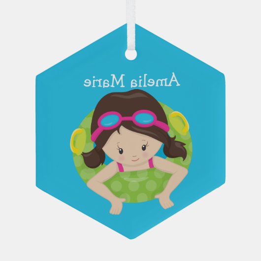 Swim Team Brunette Girl Cute Custom Kerstmis Glas Ornament (Achterkant)