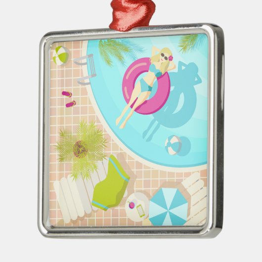 Swimming pool girl in bikini summer beach metalen ornament (Links)
