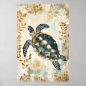 swimming sea turtle surrounded by floral patterns. poster (Voorkant)