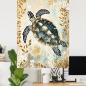 swimming sea turtle surrounded by floral patterns. poster (Thuiskantoor)