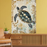 swimming sea turtle surrounded by floral patterns. poster<br><div class="desc">Artistic illustration of a sea turtle. Style: Watercolor painting with gold accents. Subject: A swimming sea turtle surrounded by floral patterns. Product type: This image is often sold as wall art, such as canvas prints or posters. illustration artistique d'une tortue de mer. Style : Peinture aquarelle avec des accents dorés....</div>