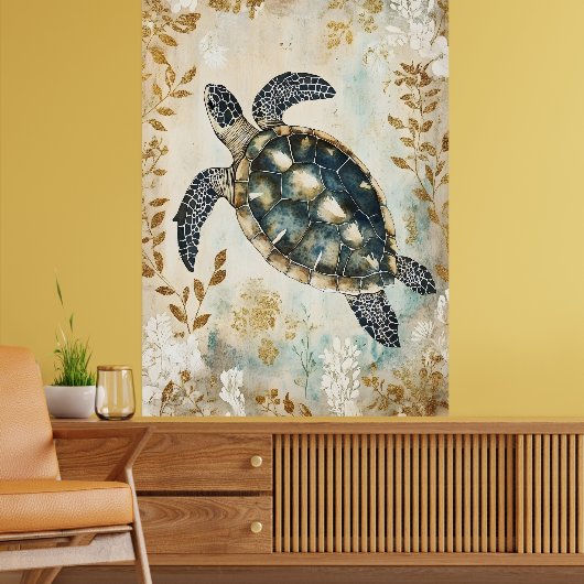swimming sea turtle surrounded by floral patterns. poster (Woonkamer 2)