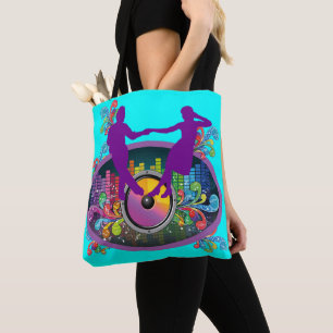 Swing dance paar op plaat en muziek beats tote bag