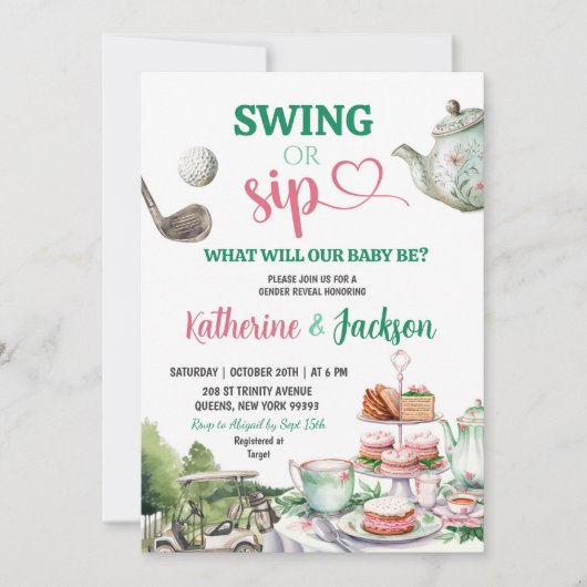 Swing of Sip Par-Tea Golf Baby Gender Reveal Kaart (Voorkant)
