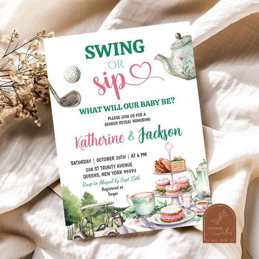 Swing of Sip Par-Tea Golf Baby Gender Reveal Kaart