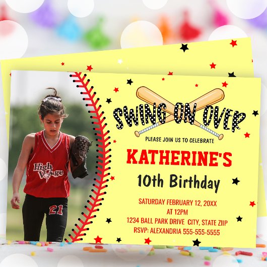 Swing On Over Girls Softball Birthday Kaart