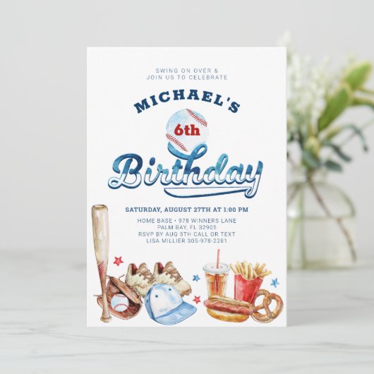 Swing op over honkbal verjaardagsfeestje uitnodigi kaart (Staand voorkant)