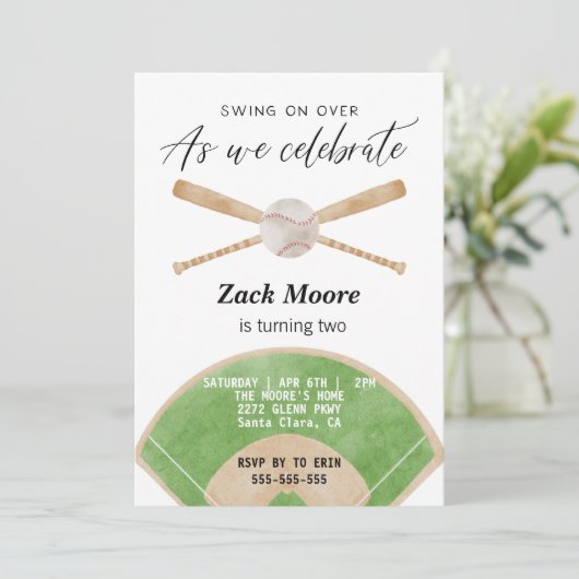 Swing op over honkbaljongen verjaardagsuitnodiging kaart (Staand voorkant)