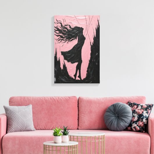 Swingend silhouet in zwart op roze canvas afdruk (Insitu (Woonkamer))